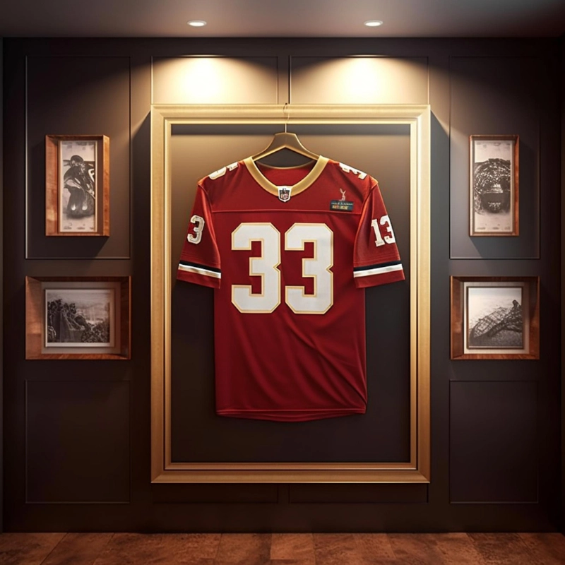 camiseta emoldurada na parede, explicando mais sobre o estilo do produto